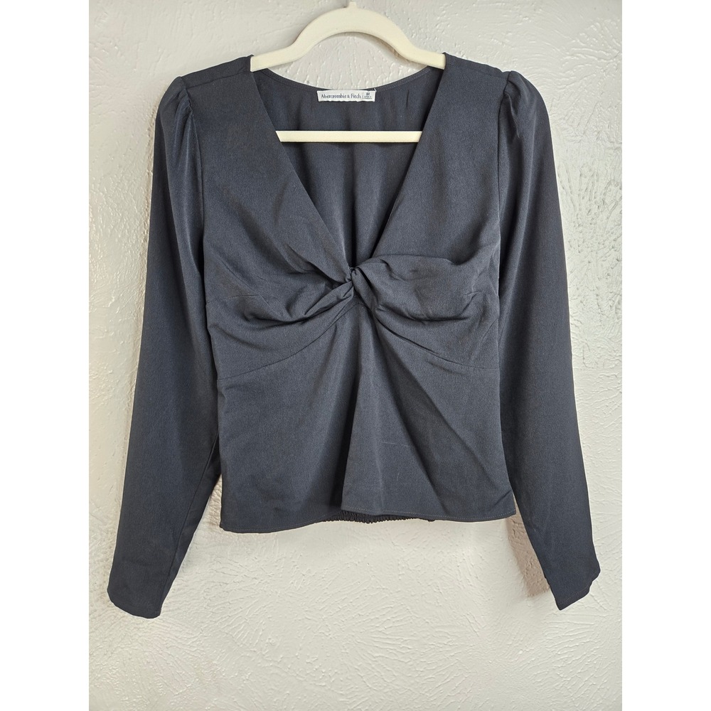 Abercrombie Twist Front Long Sleeve Top Black Smocked V Neck Blouse Dressy Goth